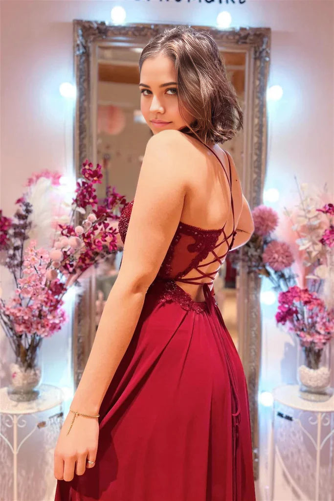 Vestido de fiesta largo con escote en V, corte A, burdeos, escote pronunciado, apliques de cuentas y abertura